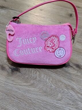 Juicy Couture Hot Pink Suede Wristlet Clutch with Embroidered Crest